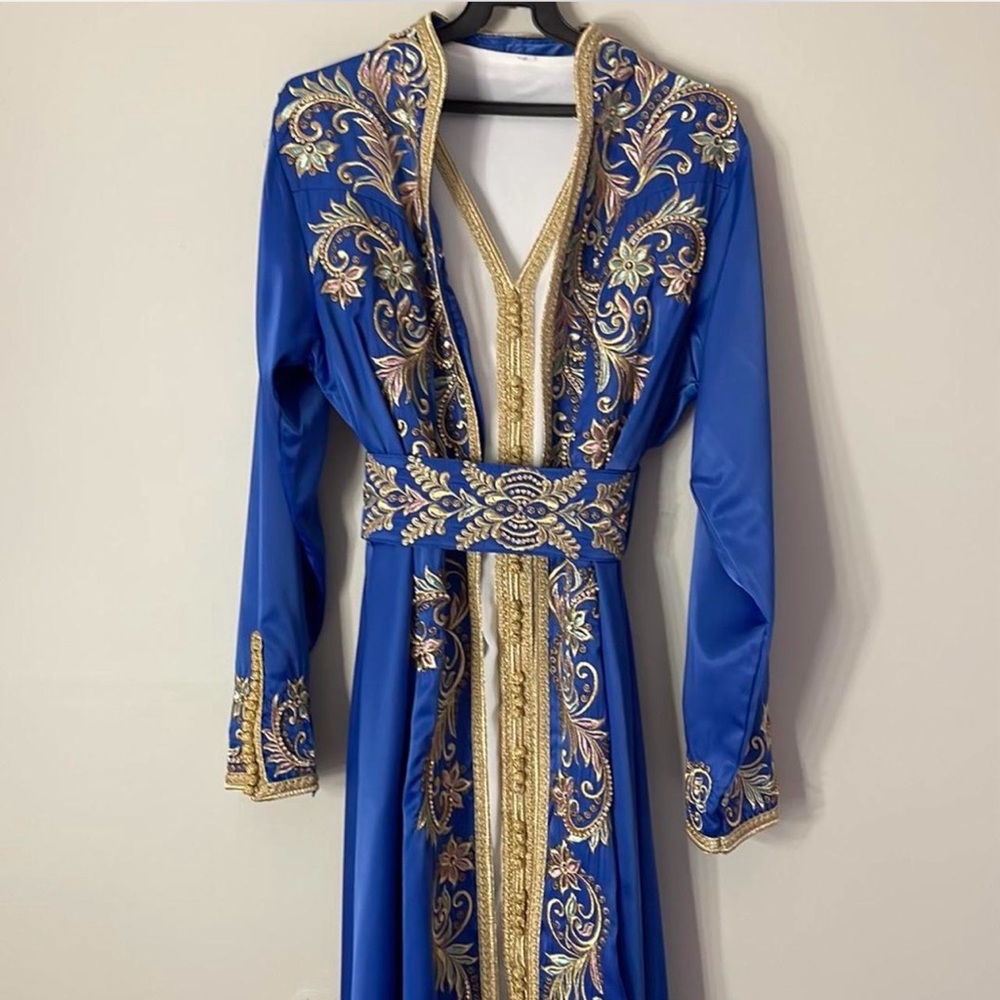 Blue and gold embroidered Moroccan takchita
